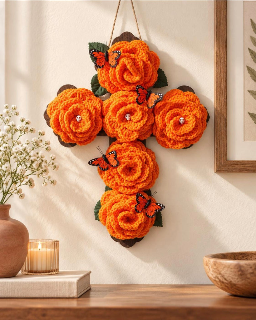 Día de los Muertos Floral Cross, Crochet Rose & Monarch Butterfly Wall Decor, Handmade Mexican Inspired Cross